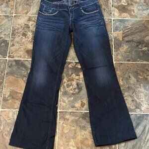 Vintage Guess Women's Dark Blue Jeans with Peace Sign Detail